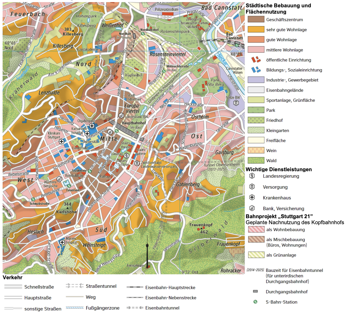 Stadtplan von Stuttgart mit Stadtteilen, Verkehrswegen und Legende.